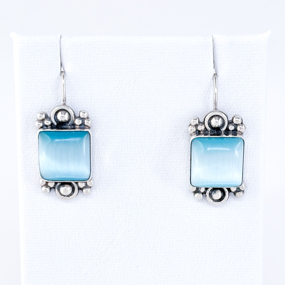 Vintage ATI Mexico Sterling Silver 925 Blue Cat’s Eye Drop Earrings - Picture 2 of 6
